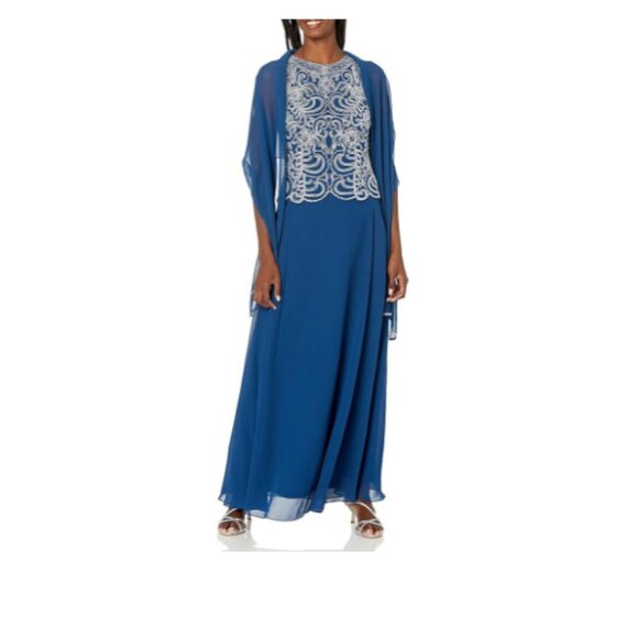**J Kara** Women's Sleeveless Scallop Long Beaded Dress W/Scarf Size 12 NWT - Picture 1 of 9